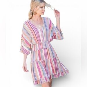 LA MIEL Women’s Striped Pink Ruffled Mini Tunic Dress - Size Small